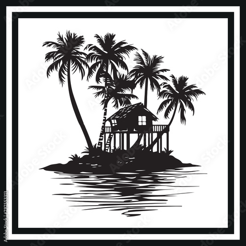 Tropical island and beach house silhouette clipart black and white