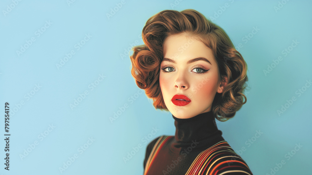 Retro portrait of a beautiful girl with curly hair and red lips. Retro portrait of a beautiful girl with curly hair and red lips.