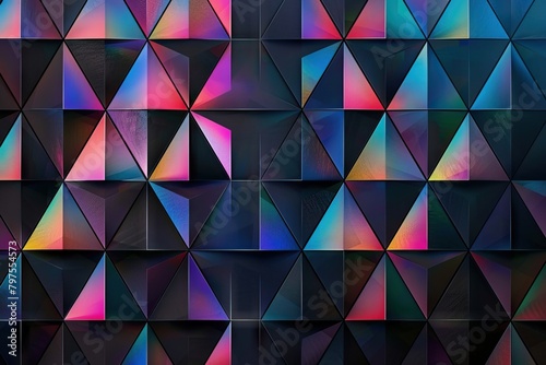 Bright seamless pattern with iridescent triangles on black background. photo