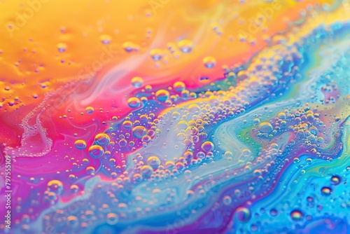 Rainbow colors in soap bubble art and oil mix background.