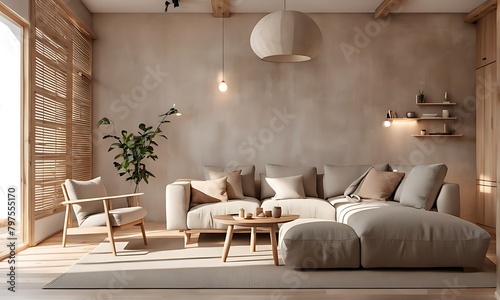  Modern interior Japanese style design Livingroom. Lighting and sunny Scandinavian apartment with plaster and wood. 3d render illustration. 