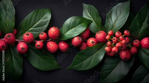 The twigs of a bright laurel and pink pepper Schinus terebinthifolius on a black background would make a fine culinary background, cover or screensaver. photo