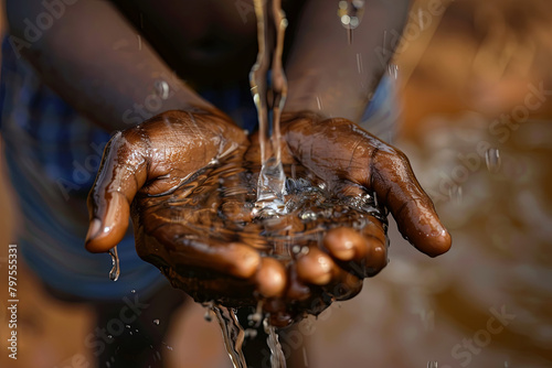 Climate Change Symbol: Handful Of Water Scarsity for Africa Symbol. Hand of an African black boy with water pouring from a tap photo