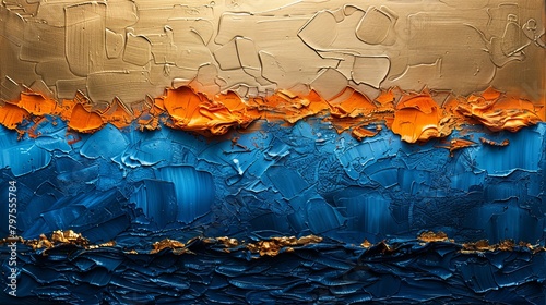 Orange, gold, blue, white abstract oil painting art design