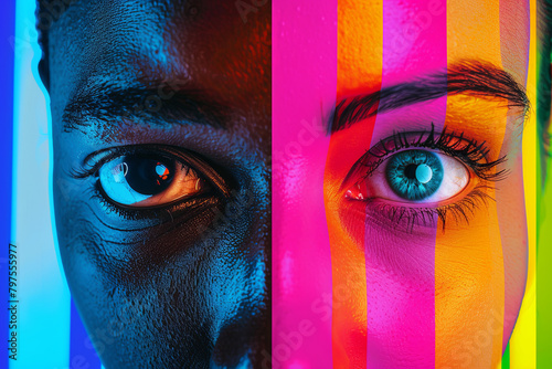 Collage. Close-up image of male and female eyes isolated on colored neon backgorund. Multicolored stripes. Concept of human diversity, emotions, equality, human rights, youth
 photo