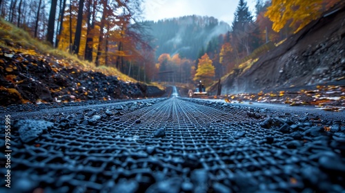 Geogrid volume at the base of a pedestrian road, road constructions and reinforcements covered with fine gravel. Modern technologies for road construction and hill strengthening. photo