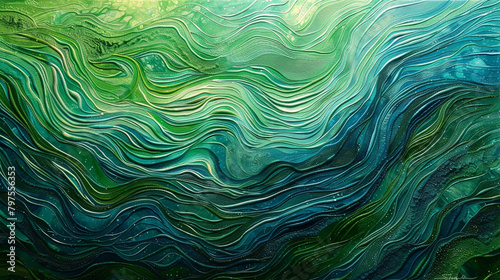 Blue and green abstract painting with textures that echo the flow of ocean currents.