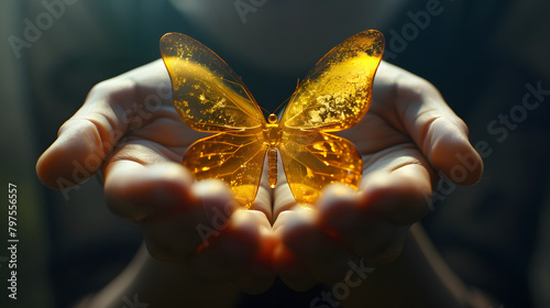 An individual is clutching a butterfly icon made of golden glass. 