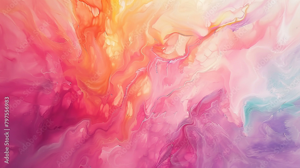 Macro view of an acrylic painting with soft, blended pastel hues in abstract shapes.