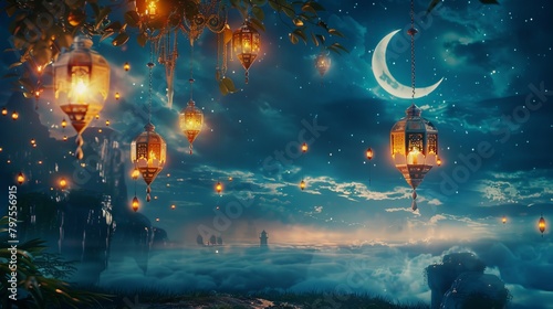 Eid mubarak and ramadan kareem greetings with islamic lantern © yuchen