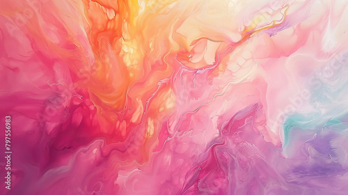 Macro view of an acrylic painting with soft, blended pastel hues in abstract shapes.