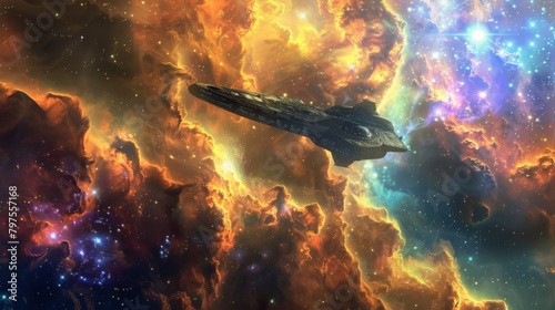 Spaceship Flying Through a Vibrant Nebula  © Kasitthanin