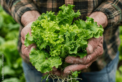 Farmer close-up holding and picking up green lettuce salad leaves with roots
 photo