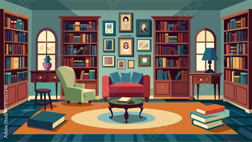 A vintage home library with walls lined with antique bookcases and a cozy reading area surrounded by portrait paintings and Oriental rugs..