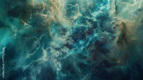 Swirling Nebula with Teal and Golden Clouds 
