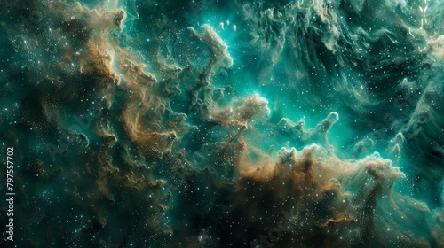 Dramatic Nebula with Swirling Clouds and Starry Background 