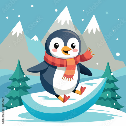 cute penguin sliding on snow 

