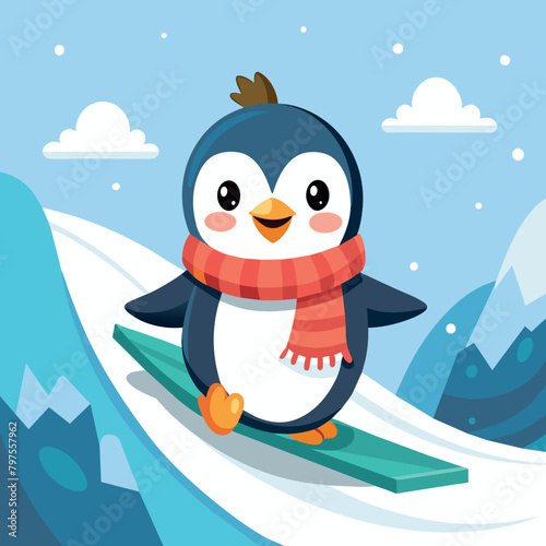 cute penguin sliding on snow 
