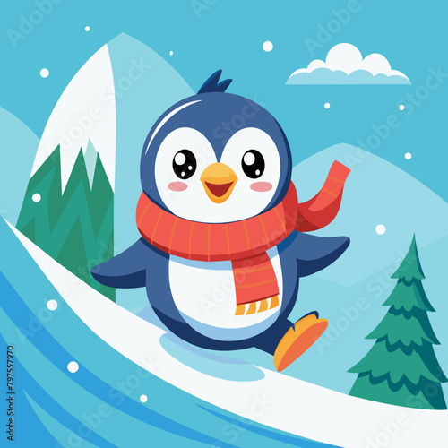 cute penguin sliding on snow 

