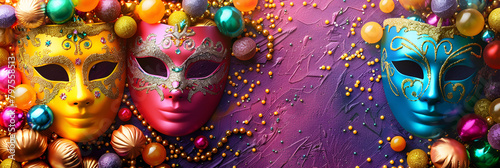  Mardi Gras Treats food and drinks in purple green,
colorful feathers on a purple background of carnival masks photo
