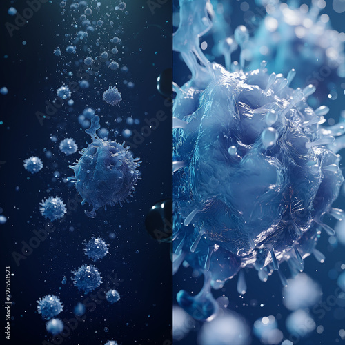 3D houdini render. In vitro before & after of cell multiplication, the left has a few cells only and the right ride has a lot of cells and they all shine vitality. 