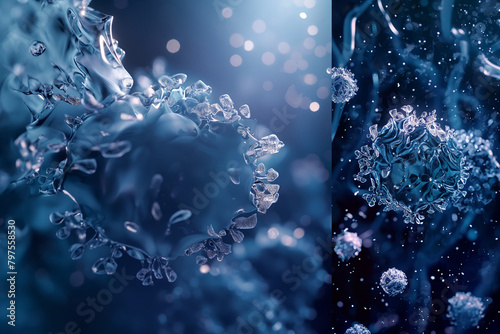 3D houdini render. In vitro before & after of cell multiplication, the left has a few cells only and the right ride has a lot of cells and they all shine vitality. 