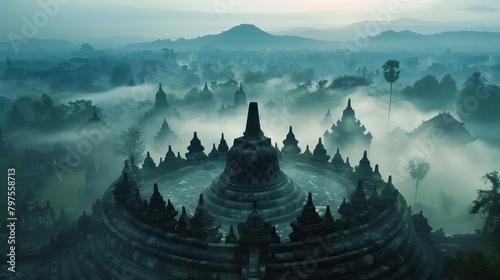 Borobudur Temple in the middle of a cloudy island AI Generated © Lisa_Art