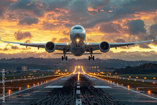 Airplane taking off from the airport. Passengers airplane landing to airport runway in beautiful sunset light, silhouette of modern city on background Airplane in the sky at sunrise or sunset