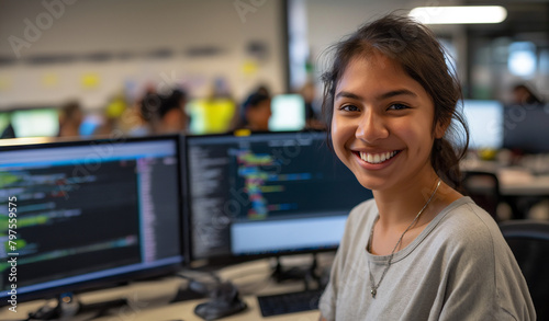 Young programmer. Computer science, monitor, machine language, learning, artificial intelligence. Sparkling mind, smiling girl in the office. Banner size, advertising, motivation.