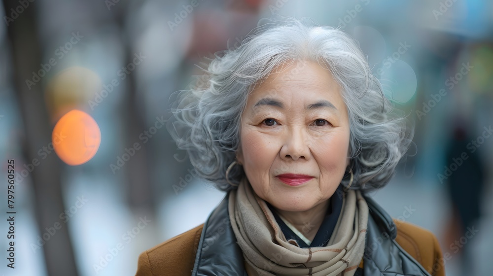 An elderly woman with white hair and stylish clothes. Smiling happily in the middle of a big city. It represents a happy later life. Suitable for savings campaigns or for advertising life insurance.