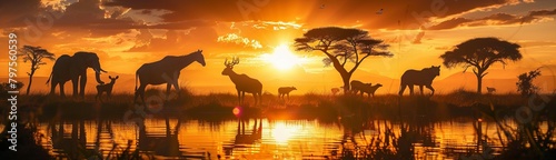 African Wild Animals Silhouettes Against A Sunset. Africa day. World Wildlife Day. World Animal Day. Copy Space