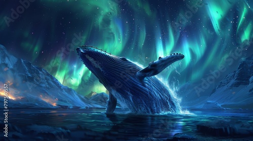 A humpback whale jumping out of the water with the Aurora Borealis in the background. photo
