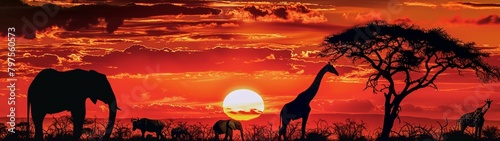 Canvas Print African Wild Animals Silhouettes Against A Sunset