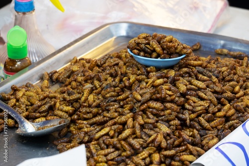 A tray full of insects is on a table. The insects are brown and scattered all over the tray
