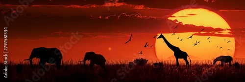 African Wild Animals Silhouettes Against A Sunset. Africa day. World Wildlife Day. World Animal Day. Copy Space