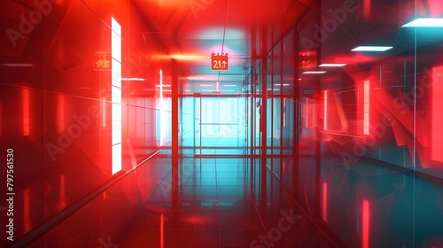 Glowing Emergency Exit Route in Modern Office Building