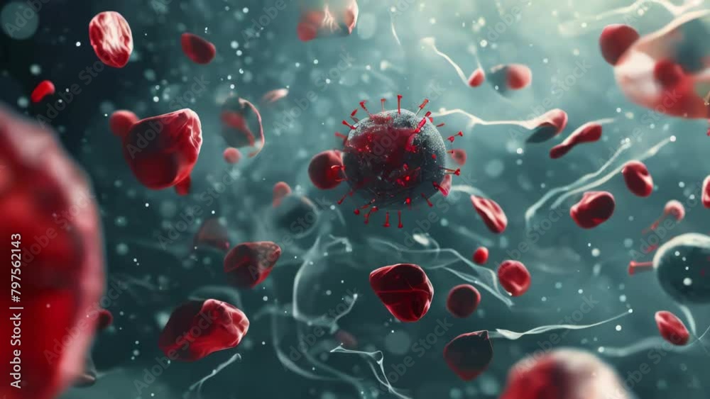 A computer generated red blood cells and a virus