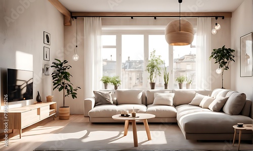  Modern interior Japanese style design Livingroom. Lighting and sunny Scandinavian apartment with plaster and wood. 3d render illustration. 