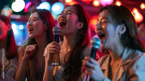 Lively Korean Women Celebrating at a Vibrant Karaoke Bar Night photo