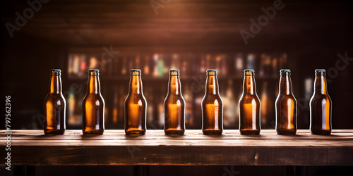 Fresh beer bottles in the bar on wooden table  bear bottles  generative AI 