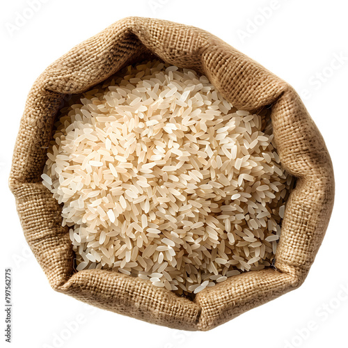 Rice in a brown sack isolated on transparent background Generative Ai.