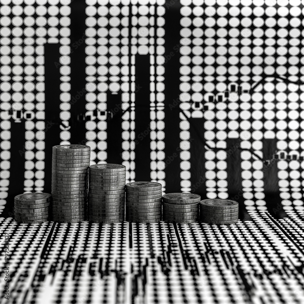 A black coins, graph, white, generative AI A black coins, graph, white, generative AI