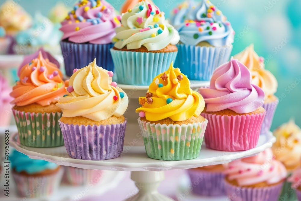 Close-up of delightful display of cupcakes with colorful frosting and sprinkles, arranged on a tiered cake stand, pastel colors Close-up of delightful display of cupcakes with colorful frosting and sprinkles, arranged on a tiered cake stand, pastel colors