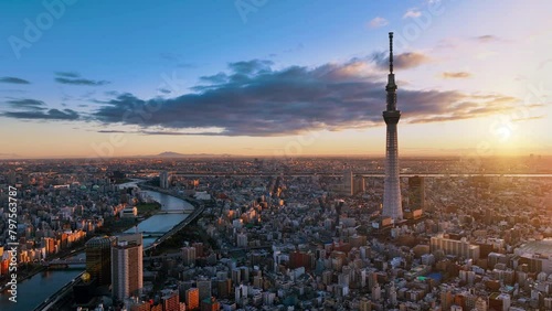 Tokyo sky tree, Tokyo city and Sumida river. Colorful morning scene of Japan, Asia. Traveling concept background.	 photo