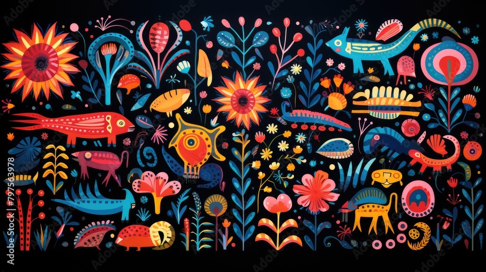 An illustration featuring a colorful circular composition of animals, flowers, and small shapes in the style of irregular organic forms inspired by the traditional oceanic art