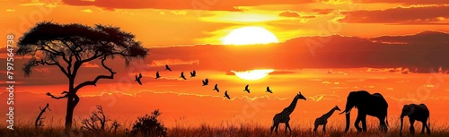 African Wild Animals Silhouettes Against A Sunset. Africa day. World Wildlife Day. World Animal Day. Copy Space