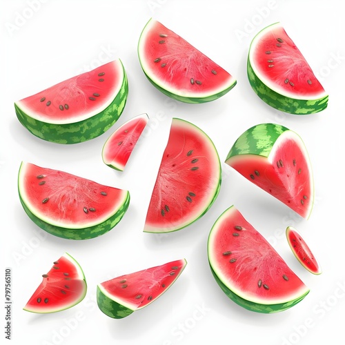 slices of watermelon isolated, Slices of delicious ripe watermelon falling on white background
