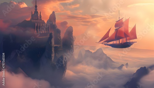Fantasy landscape with flying ship © thiraphon