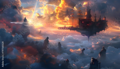Fantasy landscape with flying ship photo