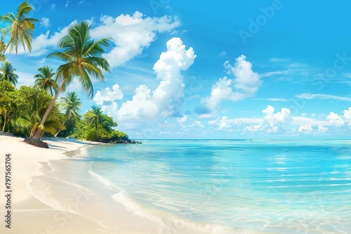 Beautiful beach with white sand, turquoise ocean, green palm trees and blue sky with clouds on Sunny day. Summer tropical landscape, panoramic view. generative ai.
